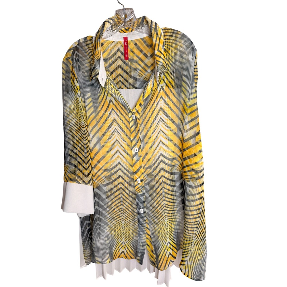 IC by‎ Connie K Button Down Shirt Women 1X Yellow Grey Polyester Pleated Tunic